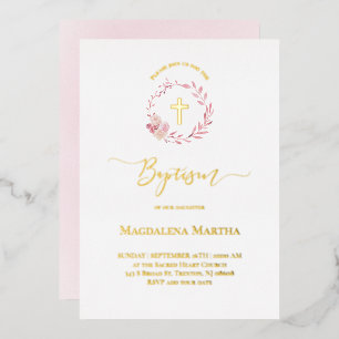 faire-part de baptême à l'aquarelle couronne rose 