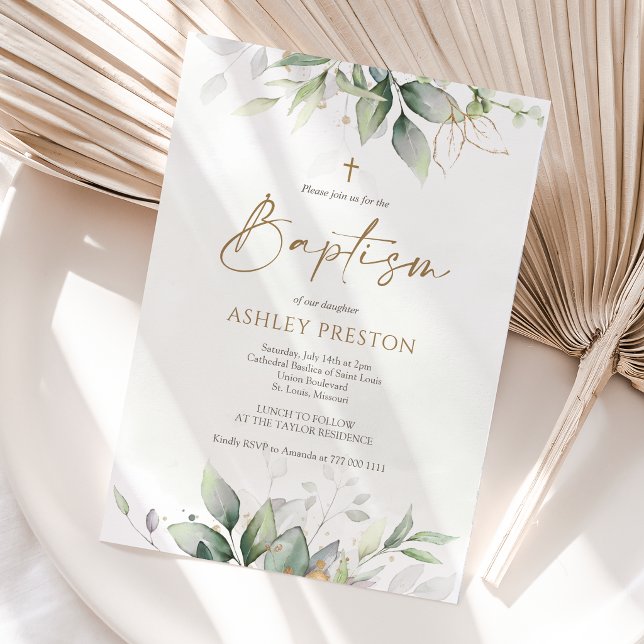 Faire-part de baptême à l'aquarelle de feuillage d (Eucalyptus Greenery Watercolor Baptism Invitation Card)