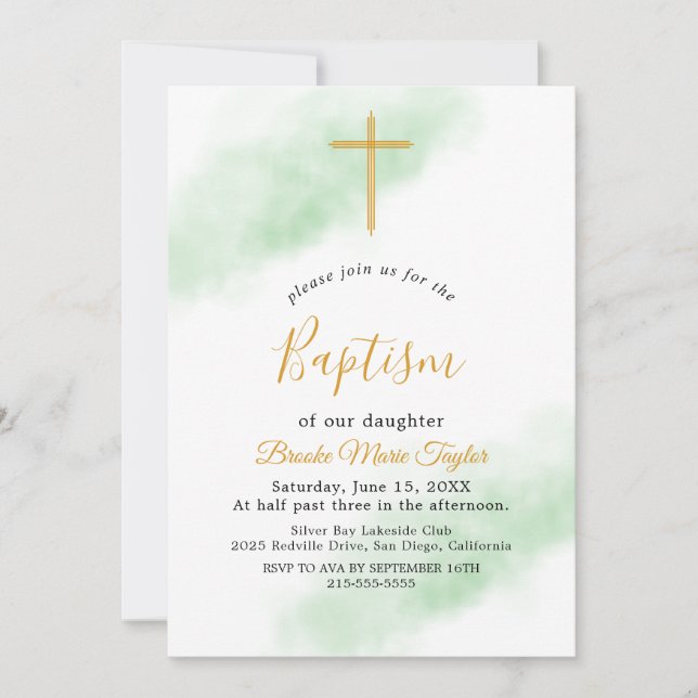 Faire-part de baptême à l'aquarelle vert et or (Devant)
