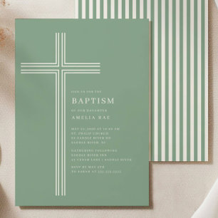Faire-part de baptême à rayures sauge et croix