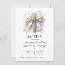 Faire-part de baptême à ruban beige | Croix & Rosa