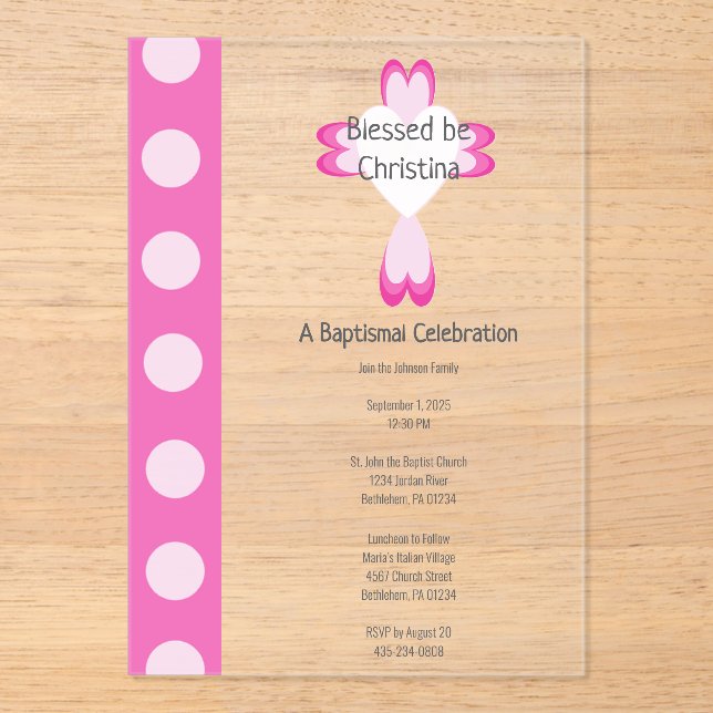 Faire-part de baptême acrylique rose pour filles (Recto)