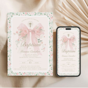 Faire-part de baptême au nœud floral rose élégant