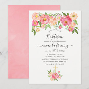 Faire-part de baptême aux pivoines aquarelles rose