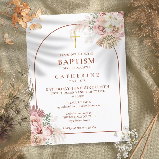 Faire-part de baptême avec arche en herbe des Pamp (Pampas Grass Arch Baptism Christening Invitation)