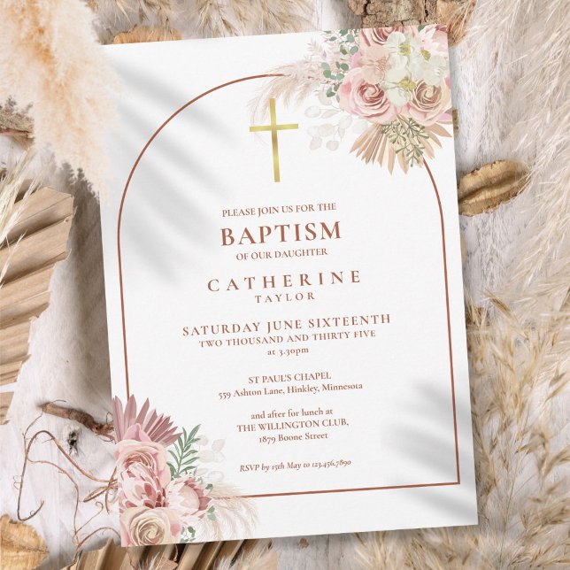 Faire-part de baptême avec arche en herbe des Pamp (Pampas Grass Arch Baptism Christening Invitation)