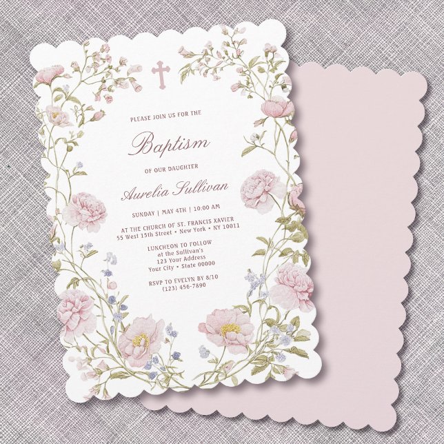 Faire-part de baptême avec cadre floral rose (Créateur téléchargé)