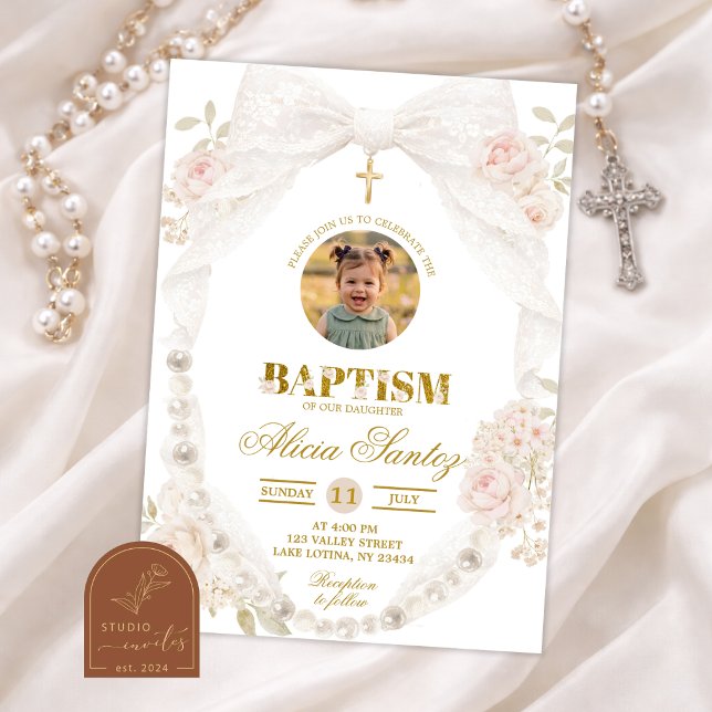 Faire-part de baptême avec photo, dentelle, ruban  (Créateur téléchargé)