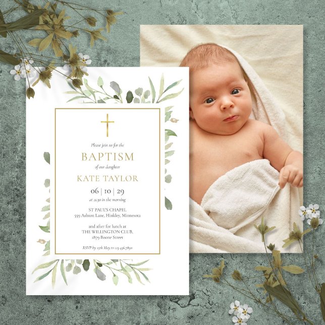 Faire-part de baptême avec photo en or et verdure (Greenery Gold Baptism Christening Photo Invitation)