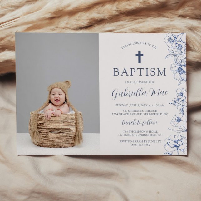 Faire-part de baptême avec photo et fleurs bleues  (Vintage Blue Floral Baptism Photo Invitation)