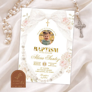 Faire-part de baptême avec photo ruban en dentelle