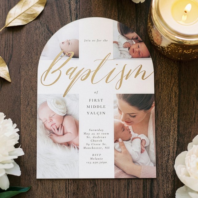 Faire-part de baptême bébé Collage photo calligrap (Gold Calligraphy Photo Collage Baby Baptism Cross Invitation)