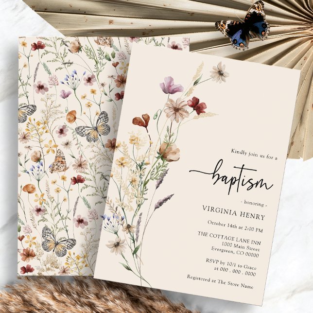 Faire-part de baptême Boho Baby (Boho Wildflower Baby Baptism Invitation by Painted Paperie
)