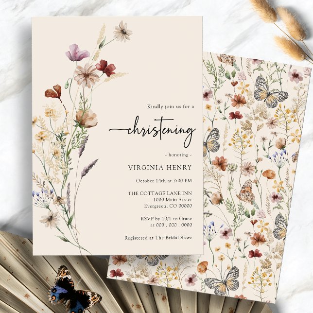 Faire-part de baptême Boho Baby (Boho Watercolor Floral Baby Christening Invitation by Painted Paperie
)