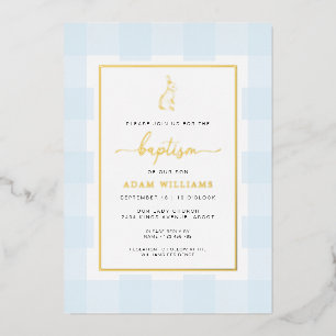 Faire-part de baptême Bunny Blue Gingham à feuille