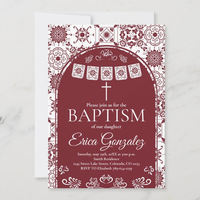 Faire-part de baptême Burgundy Papel Picado (Devant)
