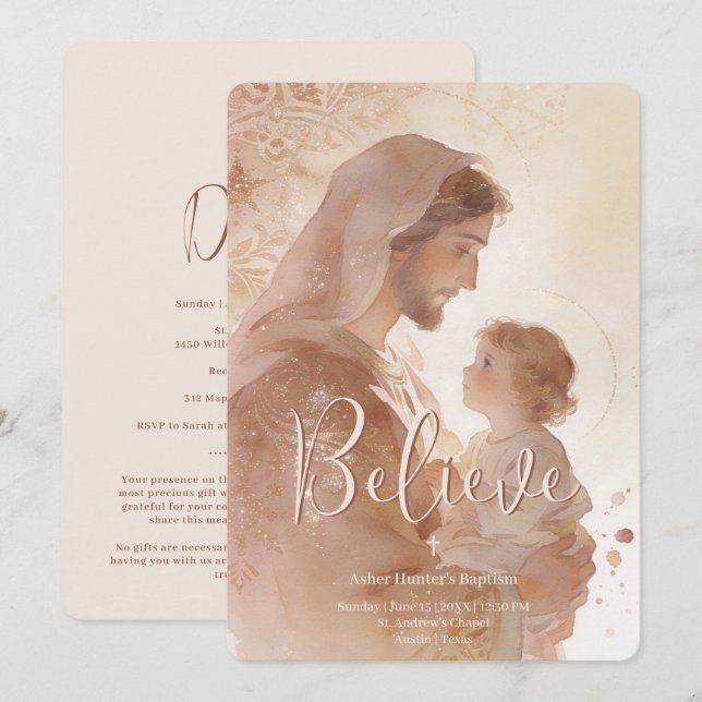 Faire-part de baptême chrétien de Jésus bébé St. J (Devant / Derrière)