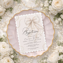 Faire-part de baptême Coquette Beige Ruban et Perl