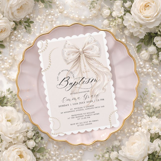 Faire-part de baptême Coquette Beige Ruban et Perl (Créateur téléchargé)
