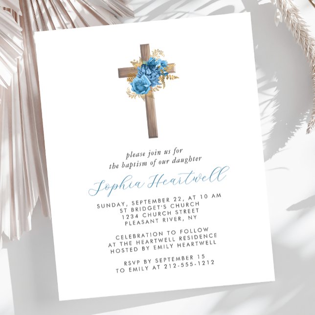 Faire-part de baptême croix dorée bleue florale bu (Créateur téléchargé)