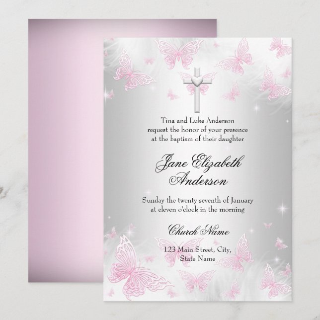 Faire-part de baptême croix papillon argent rose (Devant / Derrière)