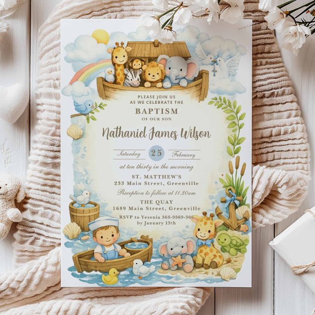 Faire-part de baptême de bébé garçon mignon Arche  (Créateur téléchargé)