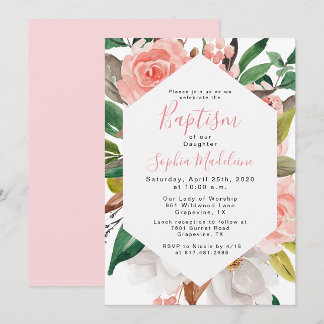 Faire-part de baptême de fille à l'aquarelle flora (Devant / Derrière)