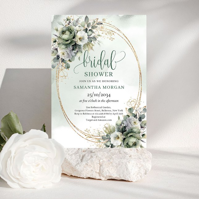 Faire-part de bapteme de mariage à l'aquarelle ave (Watercolor Greenery Gold Bridal Shower Invitation)