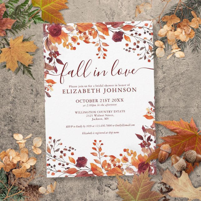 Faire-part de bapteme de mariage automne Bourgogne (Burgundy Fall In Love Bridal Shower Invitation)
