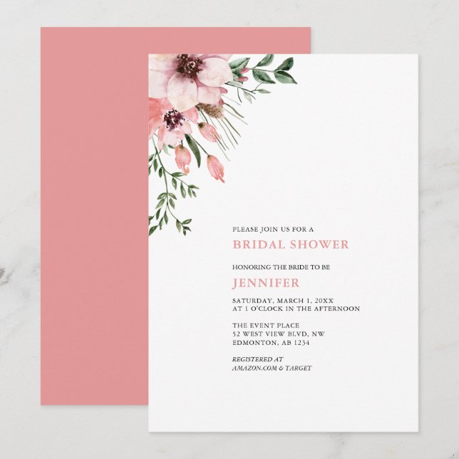 Faire-part de bapteme de mariage aux fleurs aquare (Devant / Derrière)