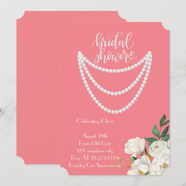 faire-part de bapteme de mariage aux perles en ros (Devant / Derrière)