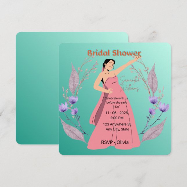 Faire-part de bapteme de mariage floral sarcelle – (Devant / Derrière)