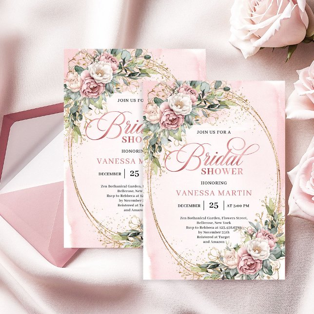 Faire-part de bapteme de mariage pailleté or rose  (Glam Rose Gold Glitter Bridal Shower Invitation)