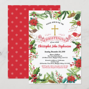 Faire-part de baptême de Noël. Rouge blanc or