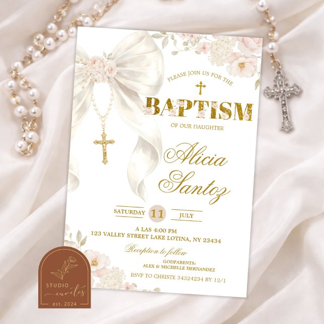 Faire-part de baptême du rosaire Coquette à arc en (Créateur téléchargé)