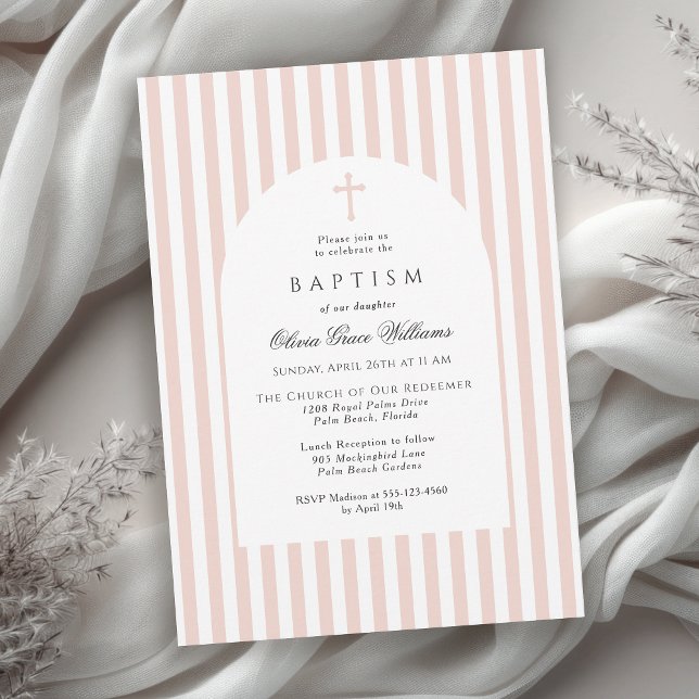 Faire-part de baptême élégant à rayures roses pour (Available in both printed and instant download digital formats.)