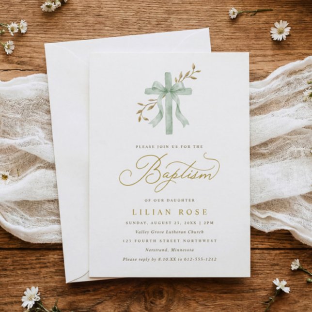 Faire-part de baptême élégant croix sage aquarelle (Watercolor cross baptism invitation with gold botanical vines and sage green script)