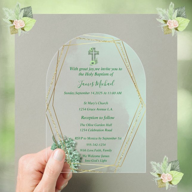 Faire-part de baptême élégant croix verte et or  (Créateur téléchargé)