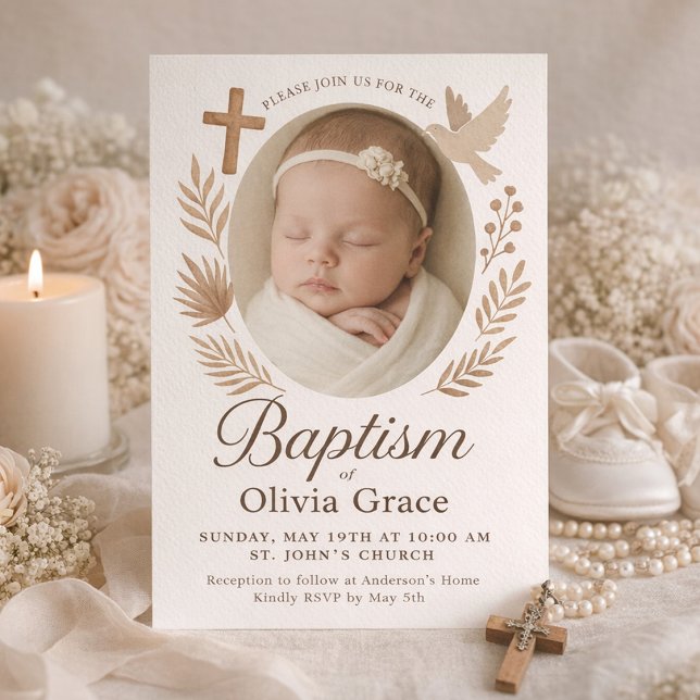 Faire-part de baptême élégant et neutre avec colom (Baby Girl Baptism Invitation with Photo, Cross and Dove in Beige)