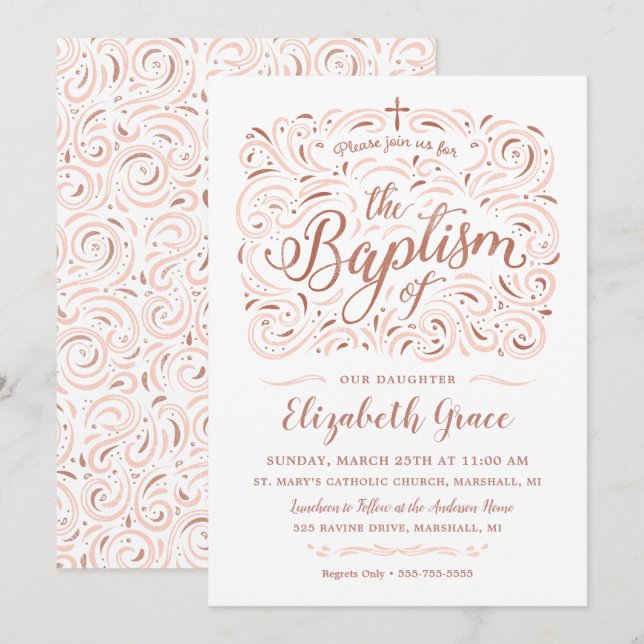 Faire-part de baptême en or rose (Devant / Derrière)