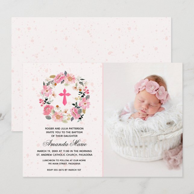Faire-part de baptême fille à fleurs rose aquarell (Devant / Derrière)