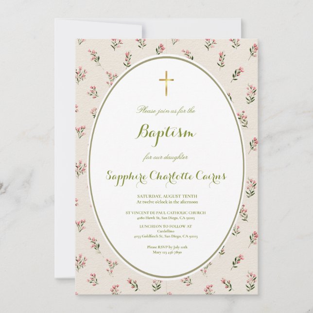 Faire-part de baptême fille aquarelle fleurs paste (Devant)