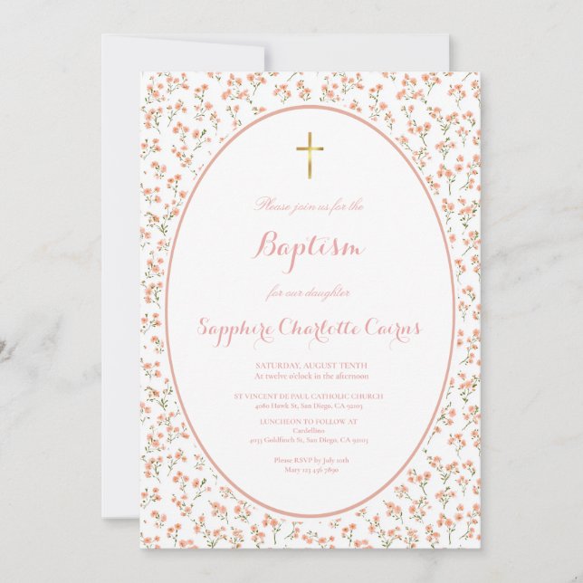 Faire-part de baptême fille aquarelle fleurs paste (Devant)