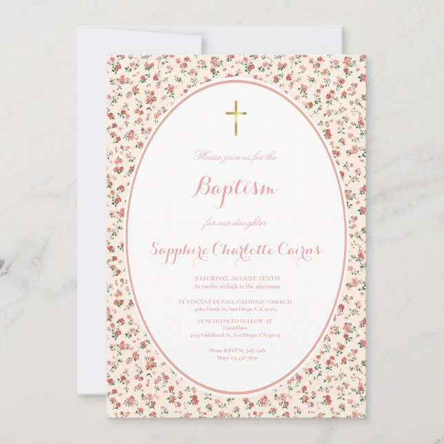 Faire-part de baptême fille aquarelle fleurs paste (Devant)