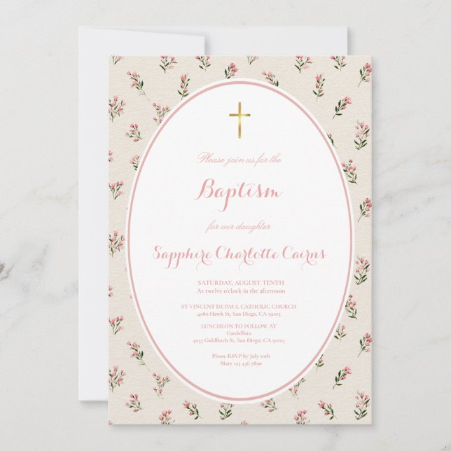 Faire-part de baptême fille aquarelle fleurs paste (Devant)