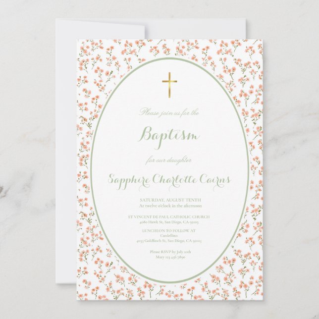 Faire-part de baptême fille aquarelle fleurs paste (Devant)