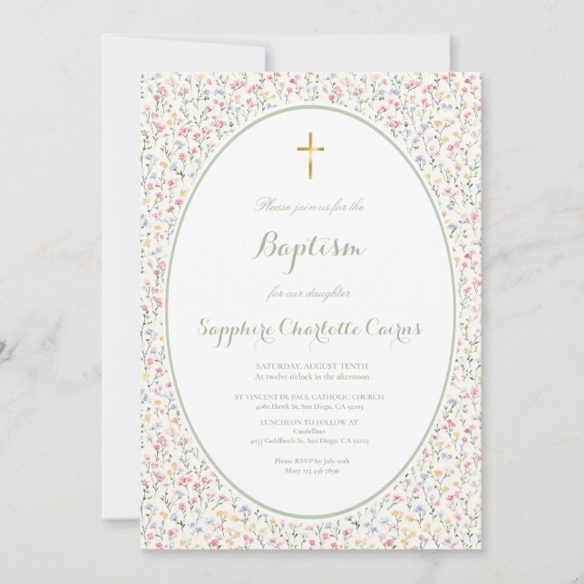 Faire-part de baptême fille aquarelle fleurs paste (Devant)