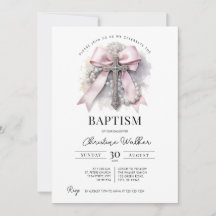 Faire-part de baptême fille avec nœud rose | Croix