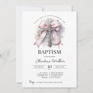 Faire-part de baptême fille avec nœud rose Croix