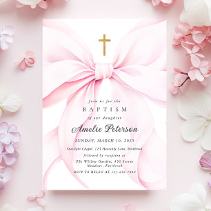 Faire-part de baptême fille avec un nœud rose bébé